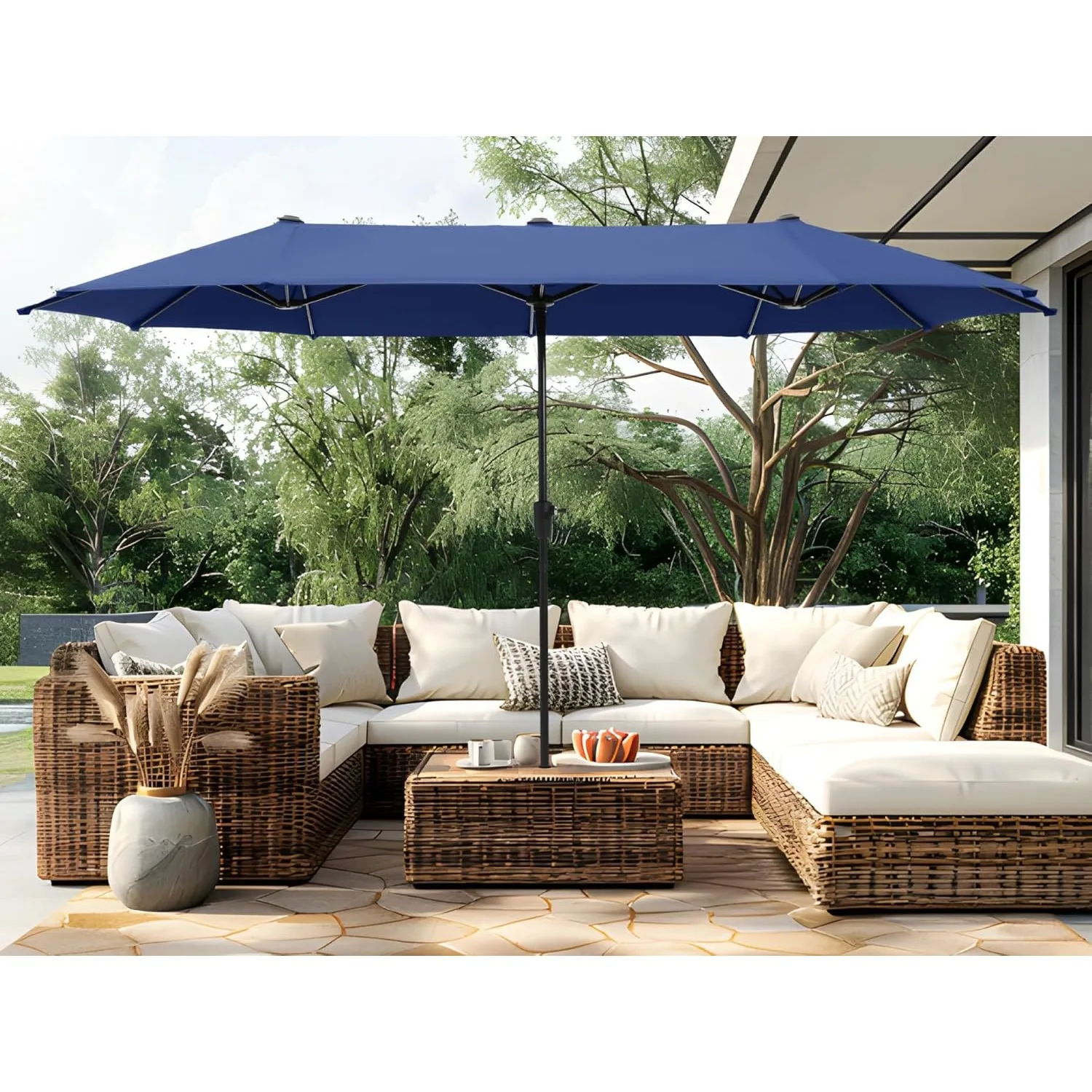 PHI VILLA 13ft Large Patio Umbrellas Double-Sided Outdoor Market Rectangle Umbrella for Outside Haze Blue