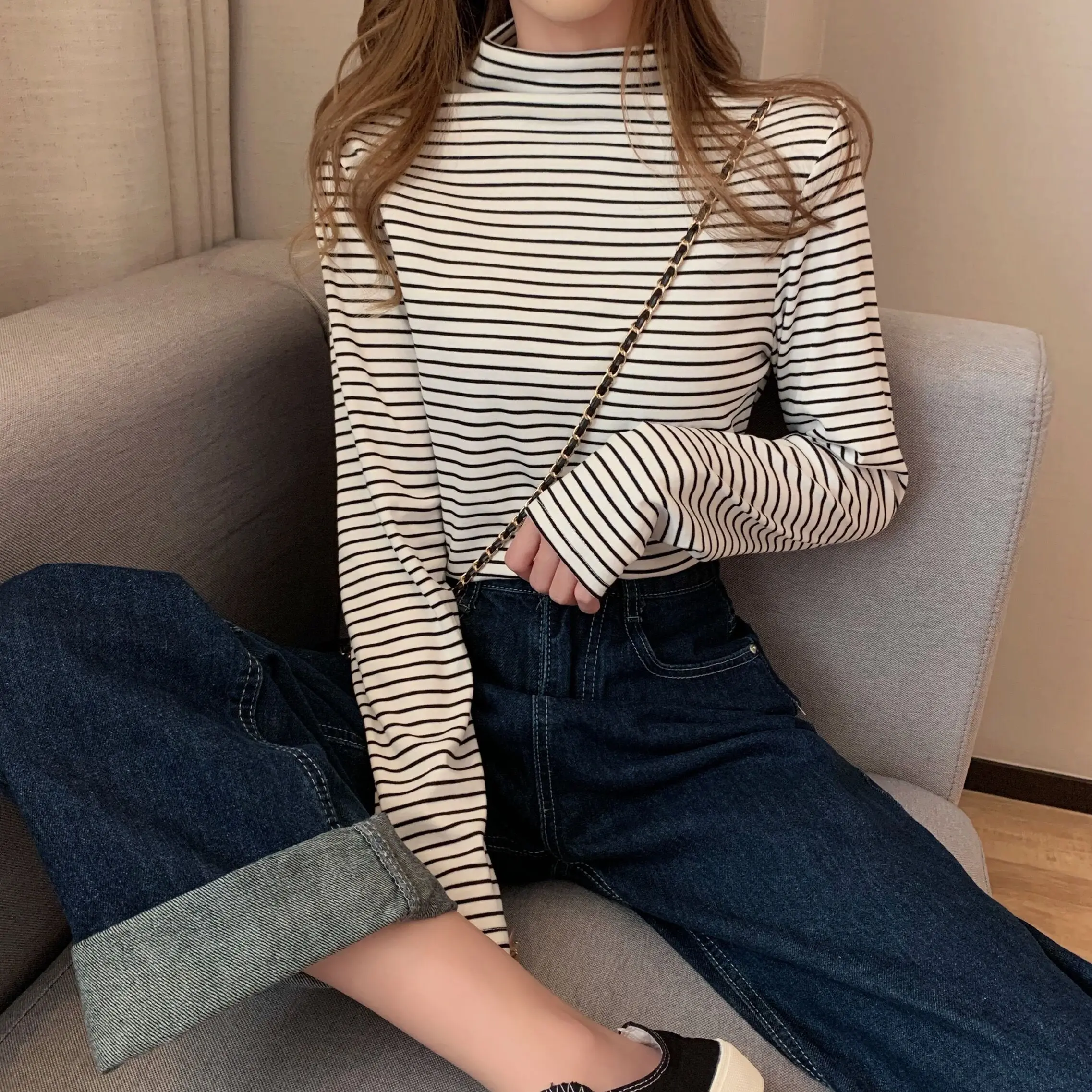 

Slimming Stripe Long Sve Base irt Women's Faionable Inner Wear f High Collar T-irt Korean Sle Polyester Fiber