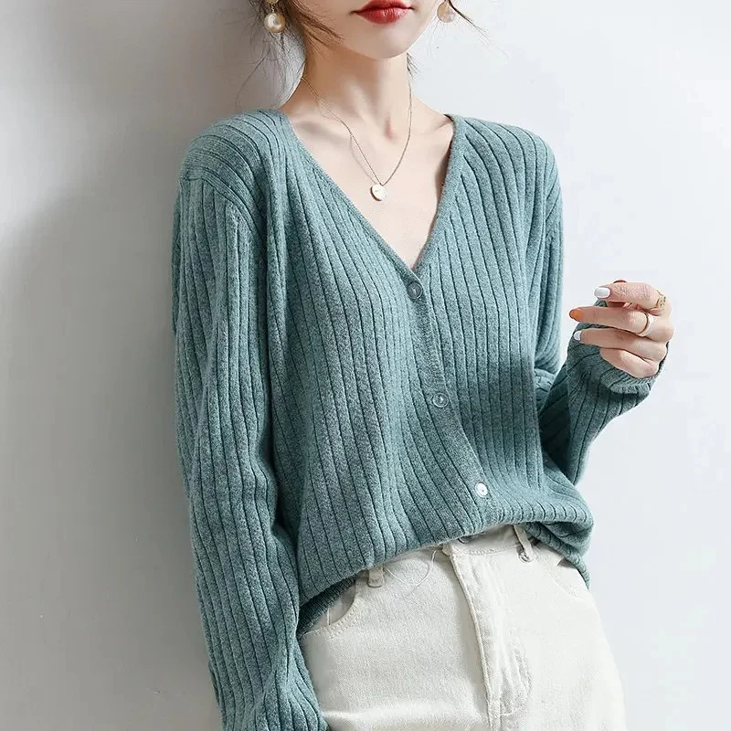 

Autumn Winter Long Sleeve Sweater Korean Fashion Loose Fit Woman Cardigan Women Cardigans 2025 Solid V-neck Knitted