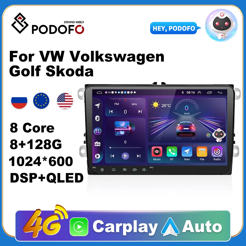 Podofo Android 11 2din Car Multimedia Player Carplay for VW Volkswagen Golf Skoda Tiguan Passat Octavia Navigation GPS