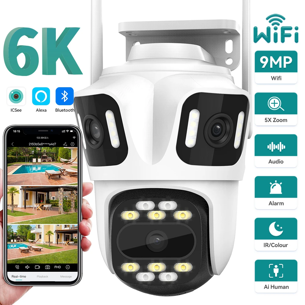 

Three Lens Three Screens 9MP 6K PTZ Wifi IP Camera Dual Len Dual Screens 4K 8MP Auto Tracking Outdoor Wireless Camera ICsee