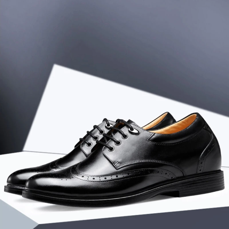 Height Increasing Shoes Thick Bottom 8cm Men's Dress Shoes Genuine Leather Carved Shoes Business Invisible Inner Elevated Shoe