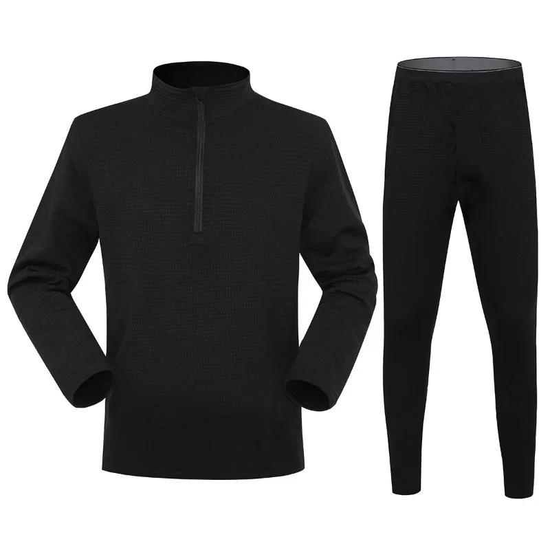 Men Grid Fleece Thermal Underwear Set Half Zip Top Long Pants Autumn Winter Warm Base Layer Suit view 3