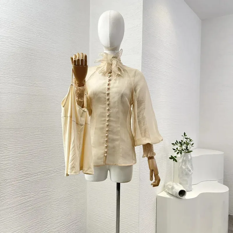 Chemisier femme australie Design de luxe élégant Beige manches longues fleurs appliquées voir à travers les hauts