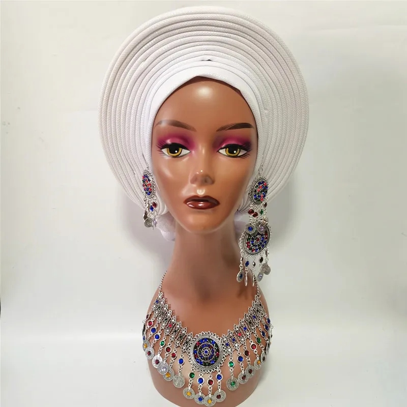 Red Headtie Gele Nigerian African Hat alread Made Auto Gele With Necklace Earrings Set For Wedding Party XM223-1