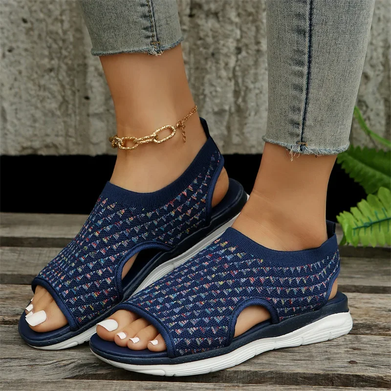 Summer New Women Sandals Knitted Flat Bottom Elastic Knit Shoes Lightweight Soft Sole Anti Slip Casual Sports Sandals Size 43