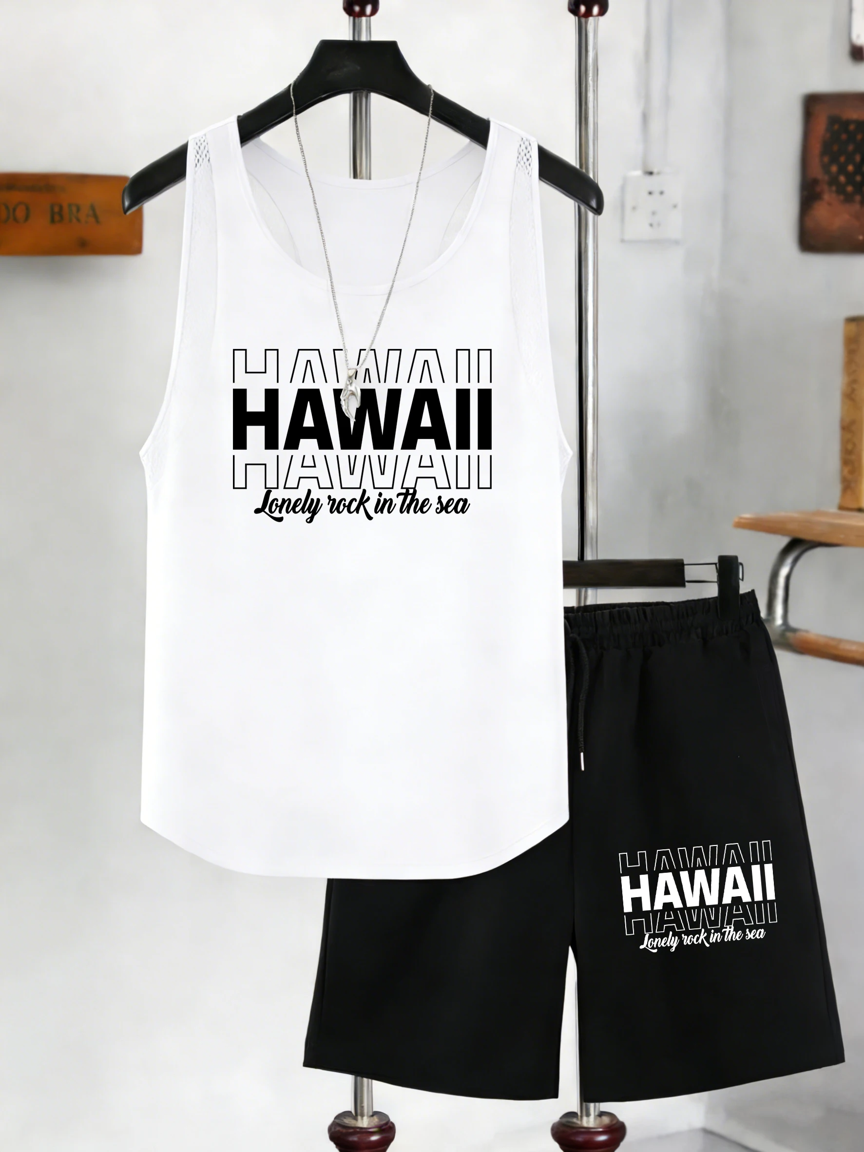 

Hawaii Lonely Rock In The Sea Print Men Mesh Tank Tops Suit O-Neck Sleeveless Vest Drawstring Summer Shorts Wide-Leg Pocket Pant