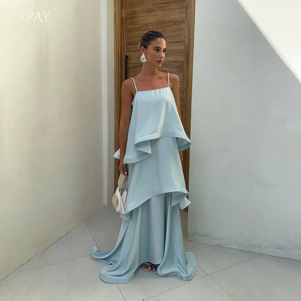 

XPAY Spaghetti Strap Blue Party Dresses Tiered Prom Gown Solid Color Floor-Length Soft Satin vestidos de festa Customized Made