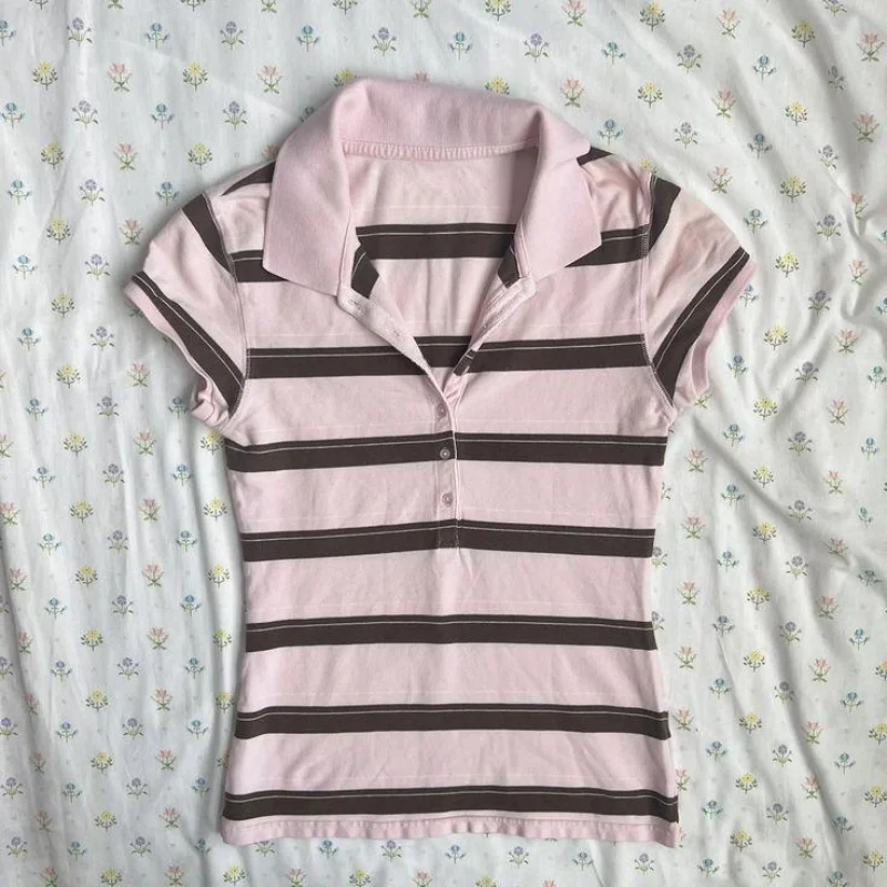 Y2k Crop Top Women Hot Girl Stripe Street Emo 2000s Cloth Summer Vintage Short Sleeve T-shirt Fashion Chic Classic Cute Baby Tee