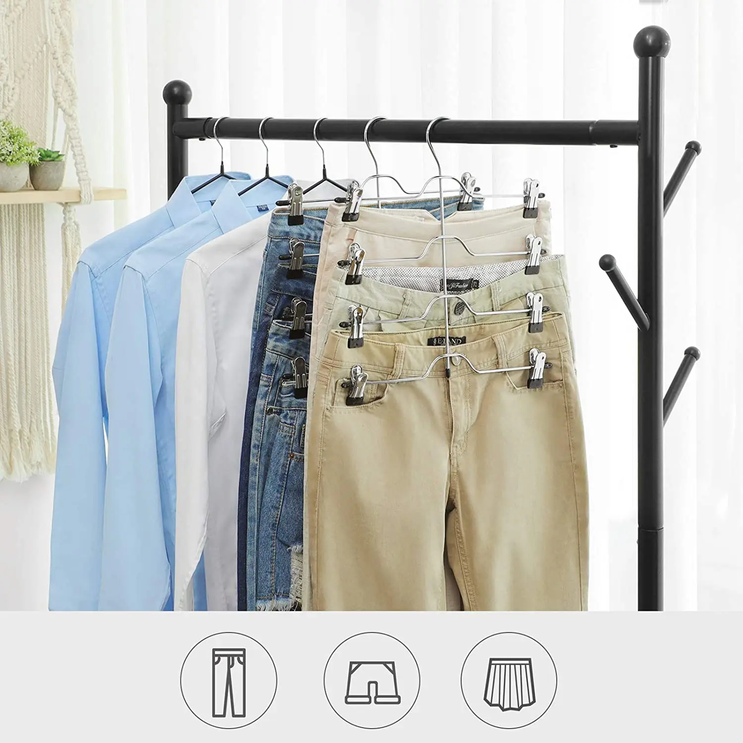 Space-Saving Trouser Hangers, Multiple Skirt Hangers with Clips, Set of 3, Metal Clothes Hangers, for 4 Trousers Each