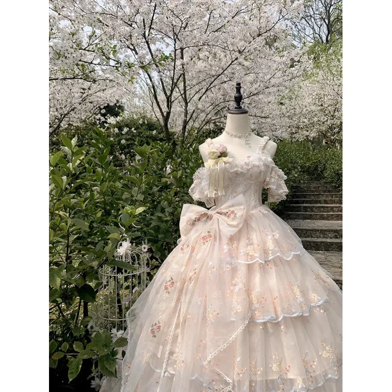 Vestidos de Boda de Princesa con bordado Floral de encaje dulce para mujer, Vestidos de fiesta bonitos para niñas, vestido Retro victoriano de Lolita Jsk japonés