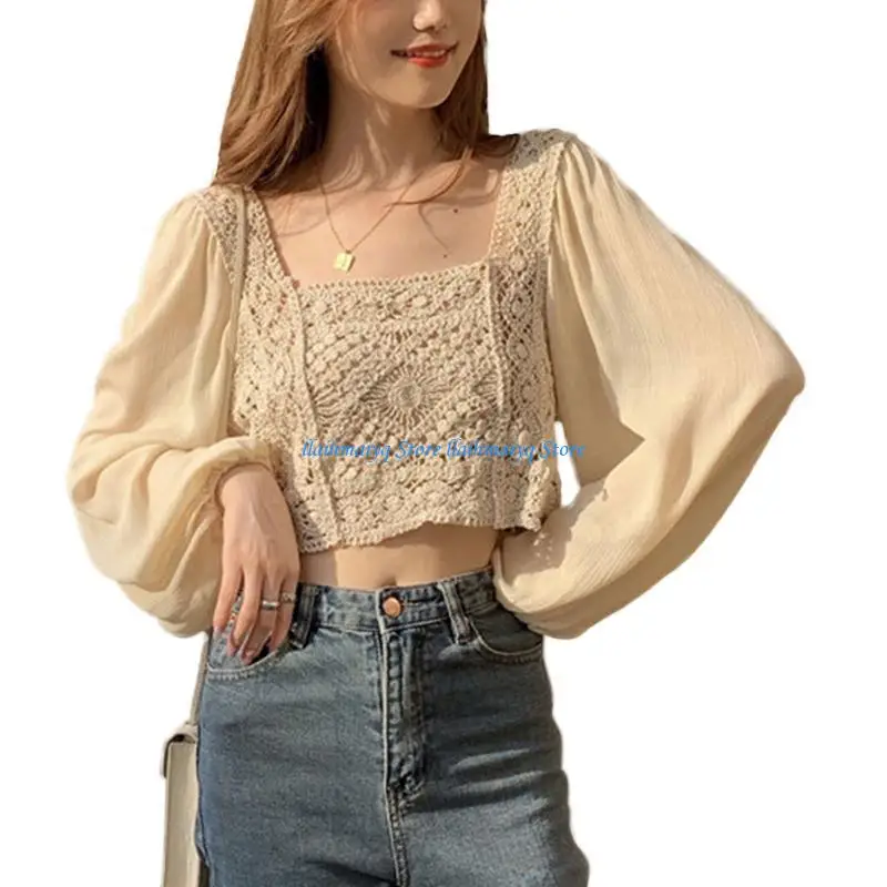 573B Women Sheer Puff Long Sleeve Shirts Autumn Vintage Sqaure Neck Thin Blouse Crochet Cover Up Pullover Crop Top view 5