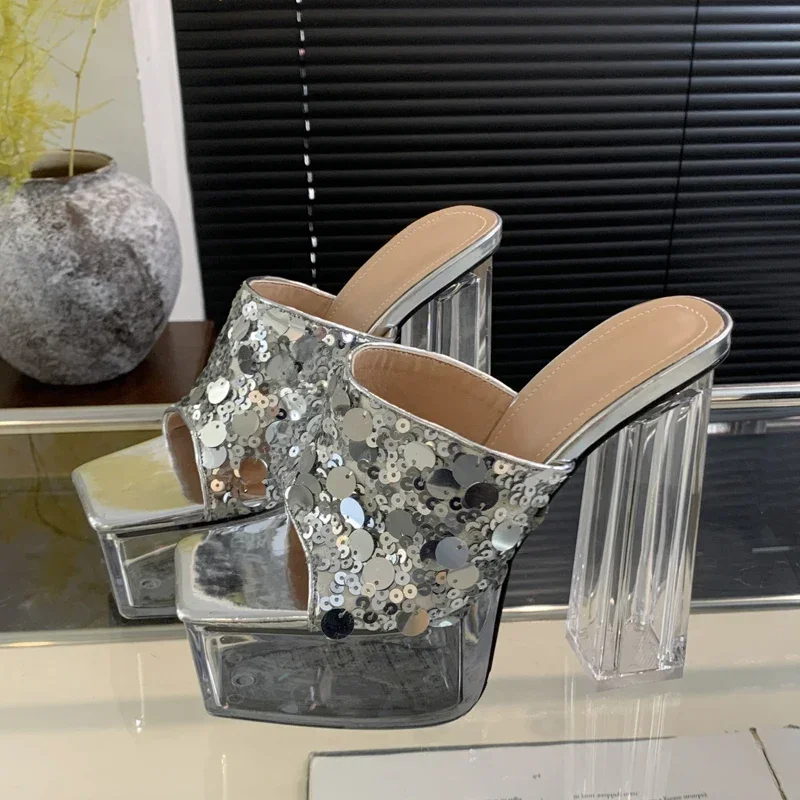 

Aneikeh Fashion Design Crystal Transparent High Heels Sandals Sequin Women Slippers Summer Platform Square Toe Slides Shoes