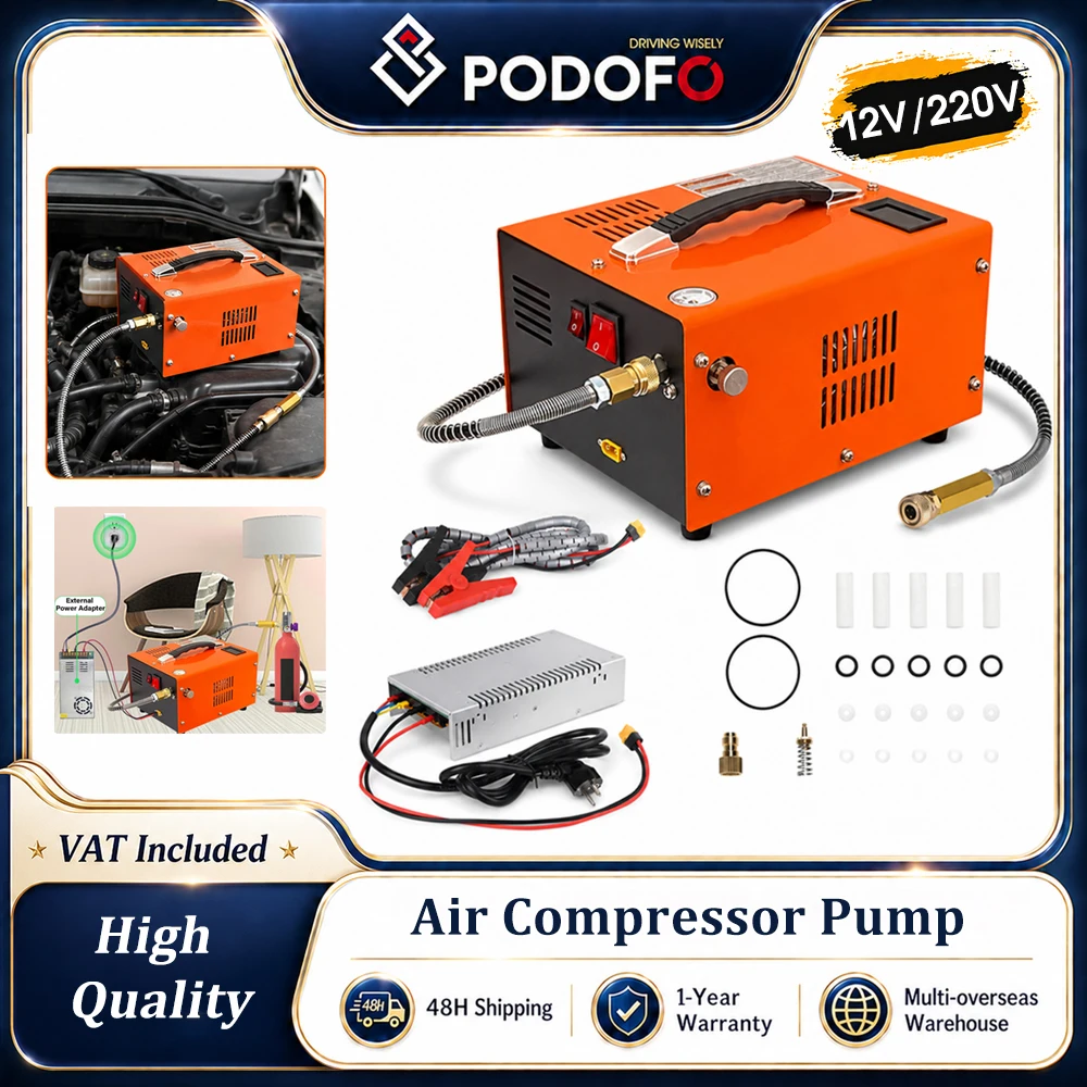 Compressore d'aria PCP Podofo 30Mpa/4500 Psi portatile con adattatore di alimentazione esterno, ventola integrata 12V DC/220V AC, compressore per fuci