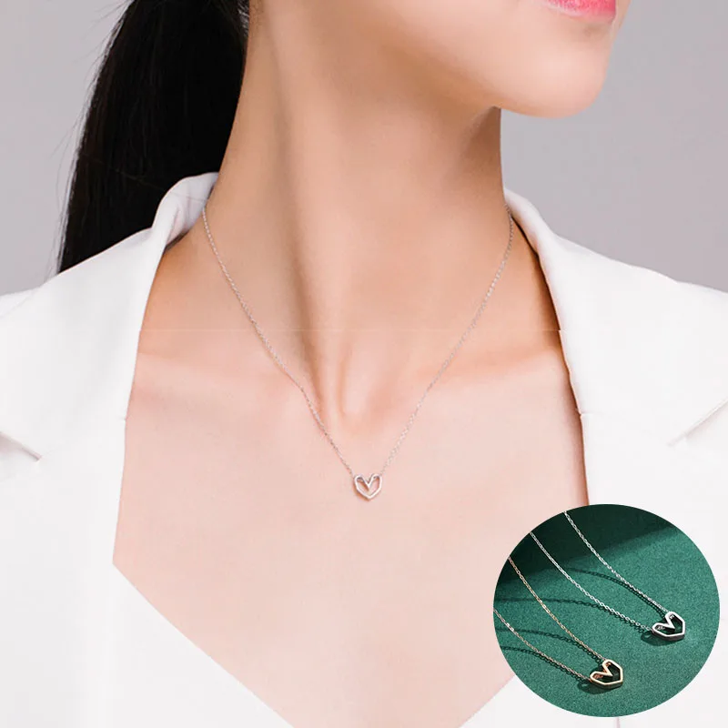 

100% 925 Sterling Silver Love Heart Necklace for Women Girl Simple Hollow Out Fine Chain Design Jewelry Party Gift Dropshipping