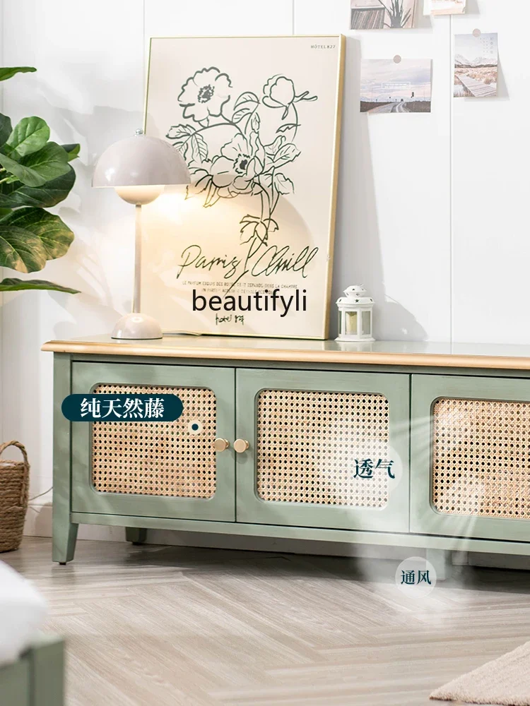 Simple American Rattan TV Cabinet and Tea Table Combination Living Room Cabinet Small Apartment Solid Wood Storage Low Cabinet