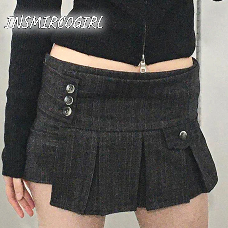 

INSMIRCOGIRL Plaid Print High Waist Vintage Buttons Irregular Hem Pleated Skirt Khaki Grey Preppy Style Sweet Mini Skirt