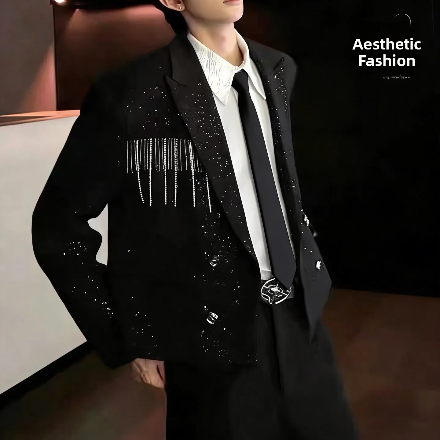 

Black Short Men's Suit Jacket with Tassel Chain Design Trendy Street Style Polyester Fiber Anti-Wrinkle Full Lined Soft Fit