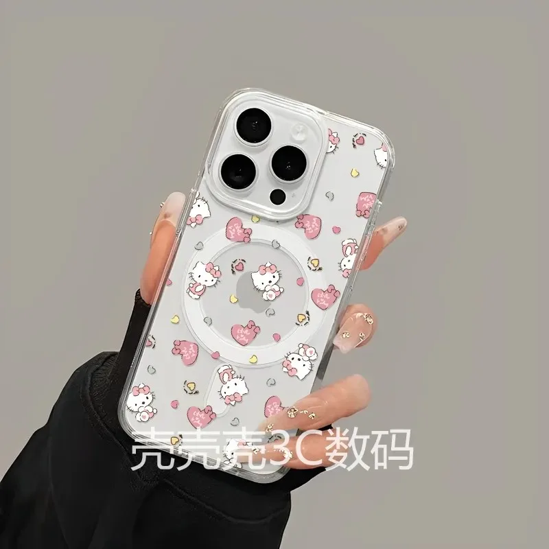 카툰 키티 화이트 자석 전화 케이스 아이폰 17 16 15 14 13 12 11 8 7 에어 플러스 프로 맥스 X XR XSMax 소프트 클리어 TPU 커버