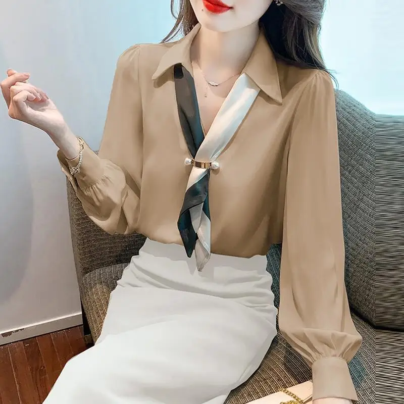 Early Autumn Office Lady Chiffon Shirt for Women 2023 Strap V-neck All-match Solid Color Long Sleeve Embroidered Flares Blouse