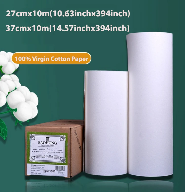 

BAOHONG Watercolor Paper Roll 140lb 300g 100% Cotton Academy Art for Gouache Ink Acrylic 27cmX10m/37cmx10m