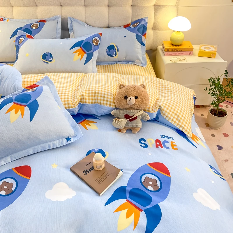 Cartoon Rocket Duvet Cover Set for Kids Boys Girls Teens Space Star Constellation on Blue Comforter Covers Zipper 4pcs Bedding