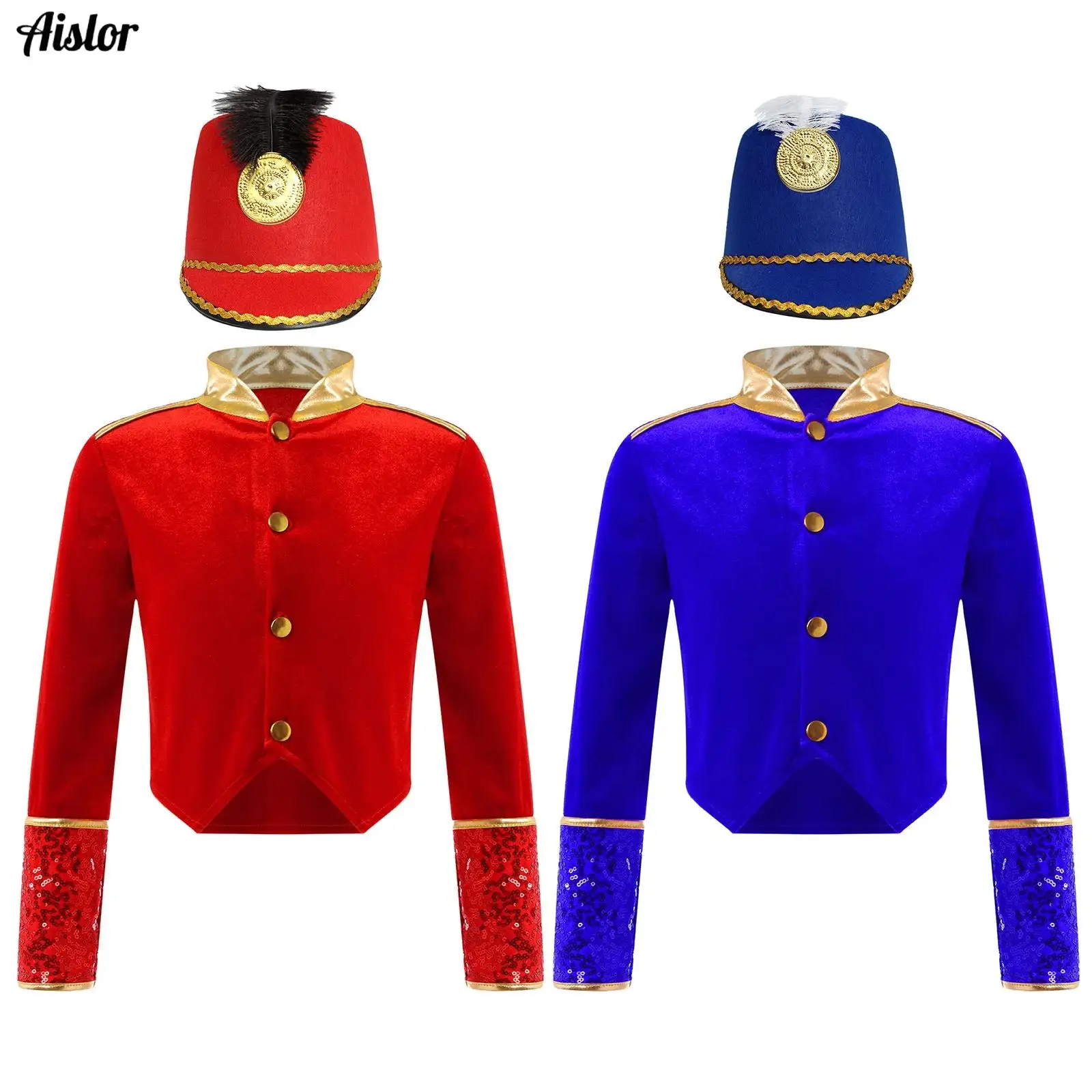 

Kids Drum Major Majorette Costume Long Sleeve Shiny Sequins Marching Band Circus Jacket Coat+Drummer Cap for Cosplay Performance