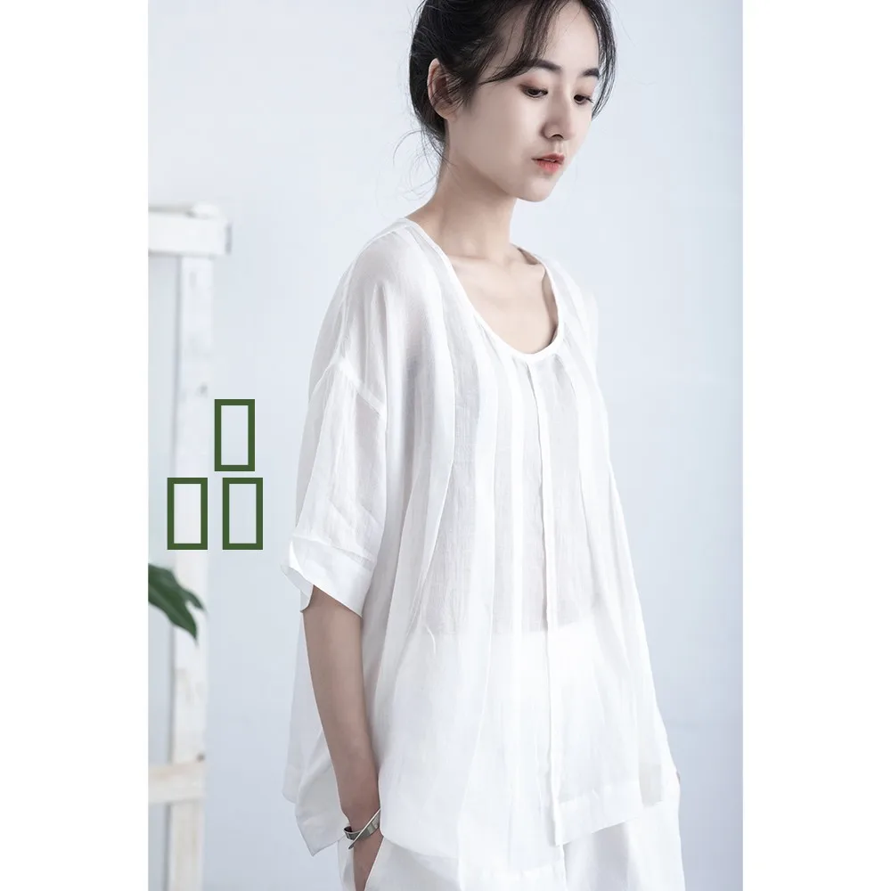 

Летний тонкий прозрачный топ из льна и хлопка для женщин, с уникальным художественным дизайном, простой и стильный, для повседневной носки...