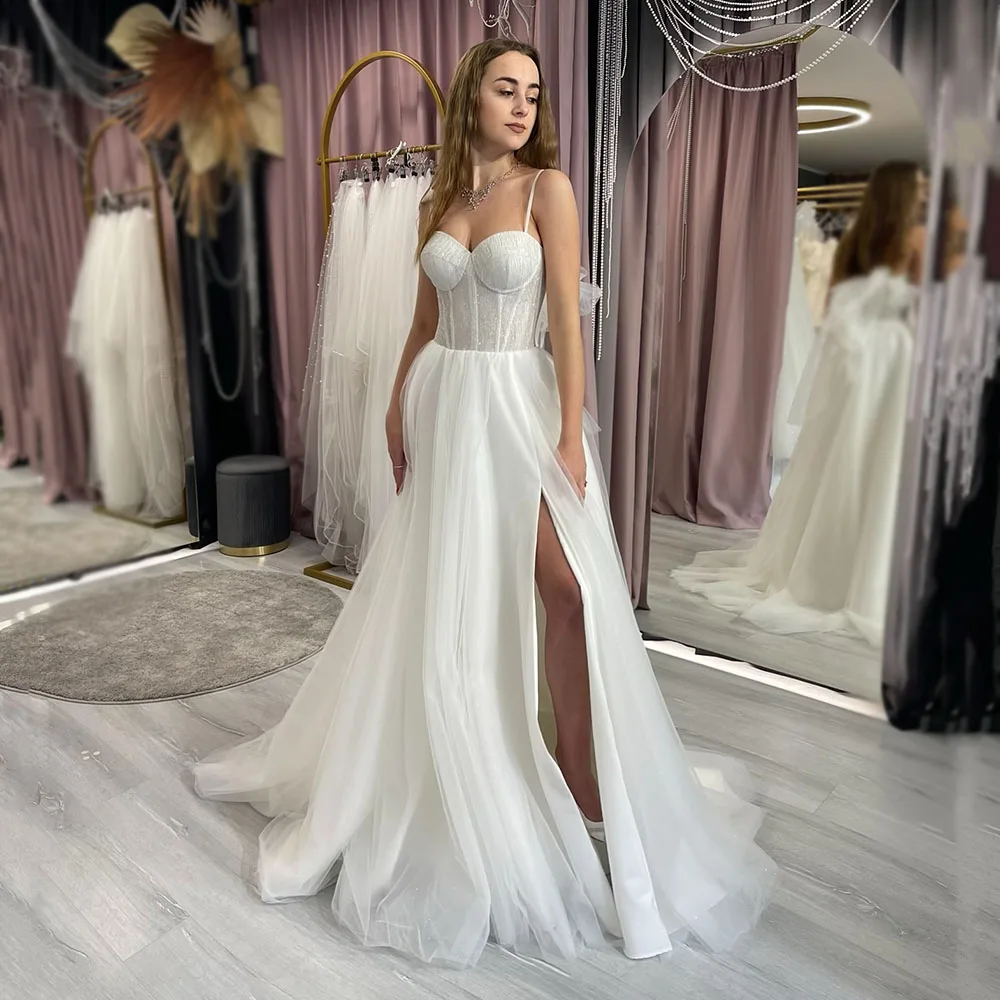 

2026 Wedding Dresses Vintage Customized Sexy Slit Bow Spaghetti Strap Sequin Tulle A-Line Corset Bridal Dress vestidos de novia