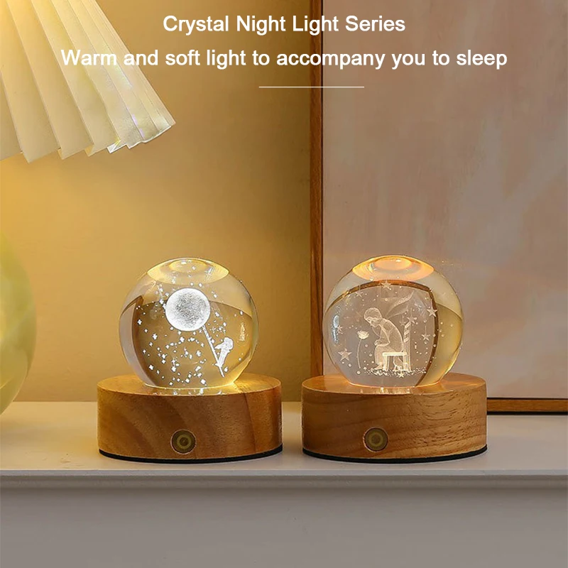 6cm 3D Crystal Ball Crystal Planet Night Light Laser Engraved Solar System Globe Astronomy Birthday Gift Home Desktop Decoration