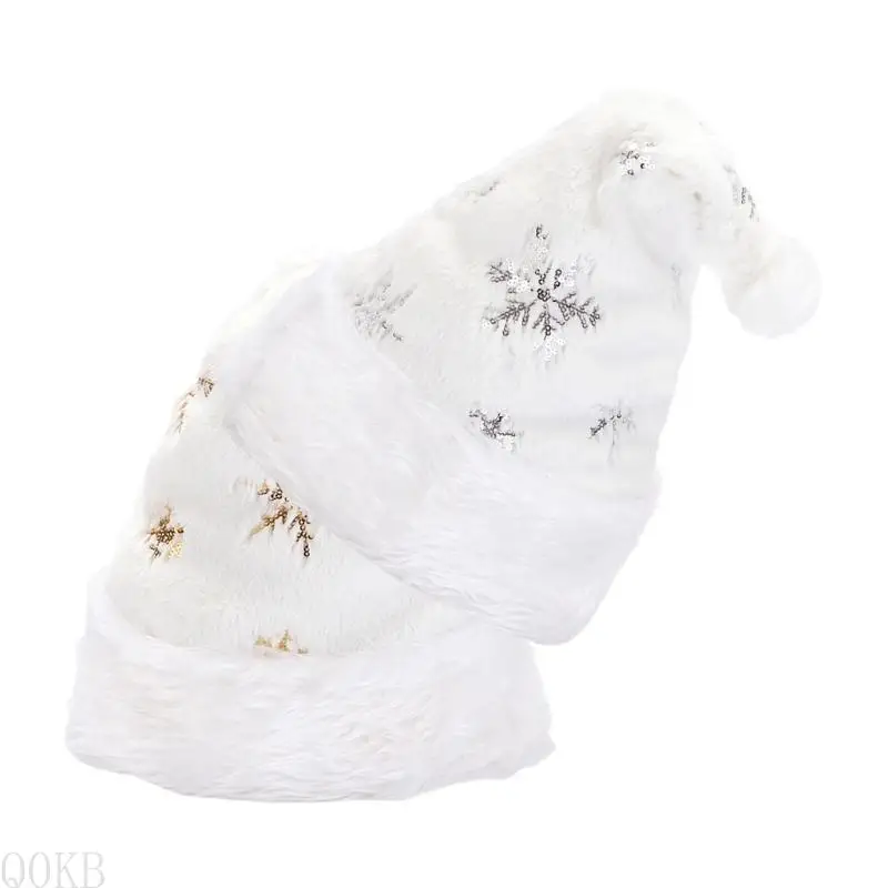 AP28 White Plush Christmas Hat   Costume for Adults Men Women with Gold/Silver Snowflake Soft Holiday Decor Supply