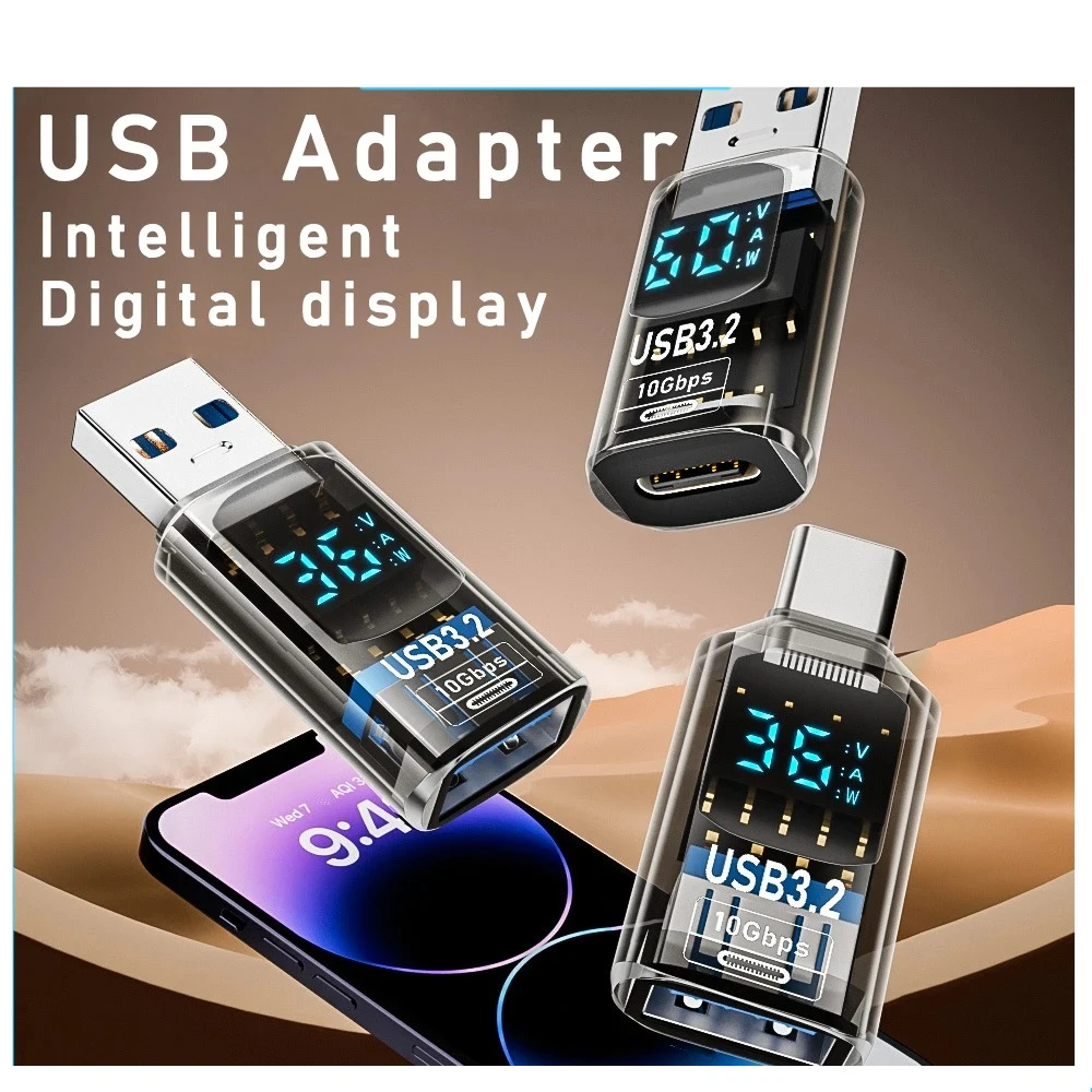 

Digital LED Display USB 3.2 Adapter 36-60W 10Gbps Laptop Type-C Converter Data Transmission Smart Chip Power Meter Tester