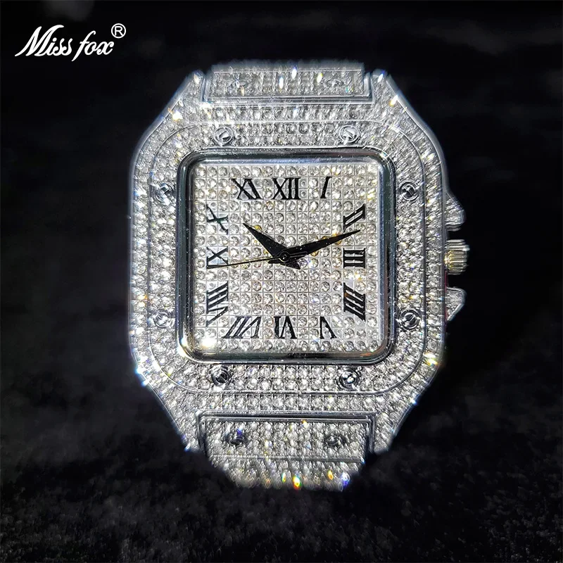 Watch for Men Hip Hop Fashion Luxury Gold Square Diamond Full Sky Star Male's Clock Watches Steel Band Quartz Wristwatch