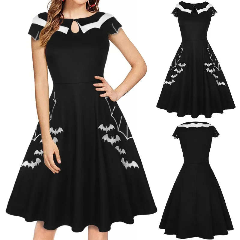 

Plue Size Black Bat Print Dress Cosplay Casual Wear Short Sleeve Long Dresses for Women Halloween Carnival Theme Party
