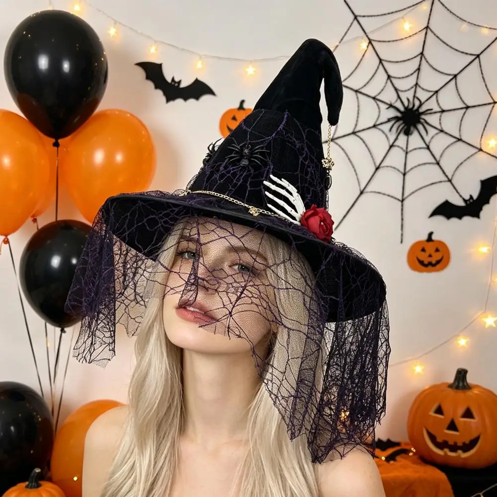 Halloween Witch Hat Punk Skeleton Hand Witch Hat with Spider Mesh Veil Black Costume Accessory for Halloween for Parties