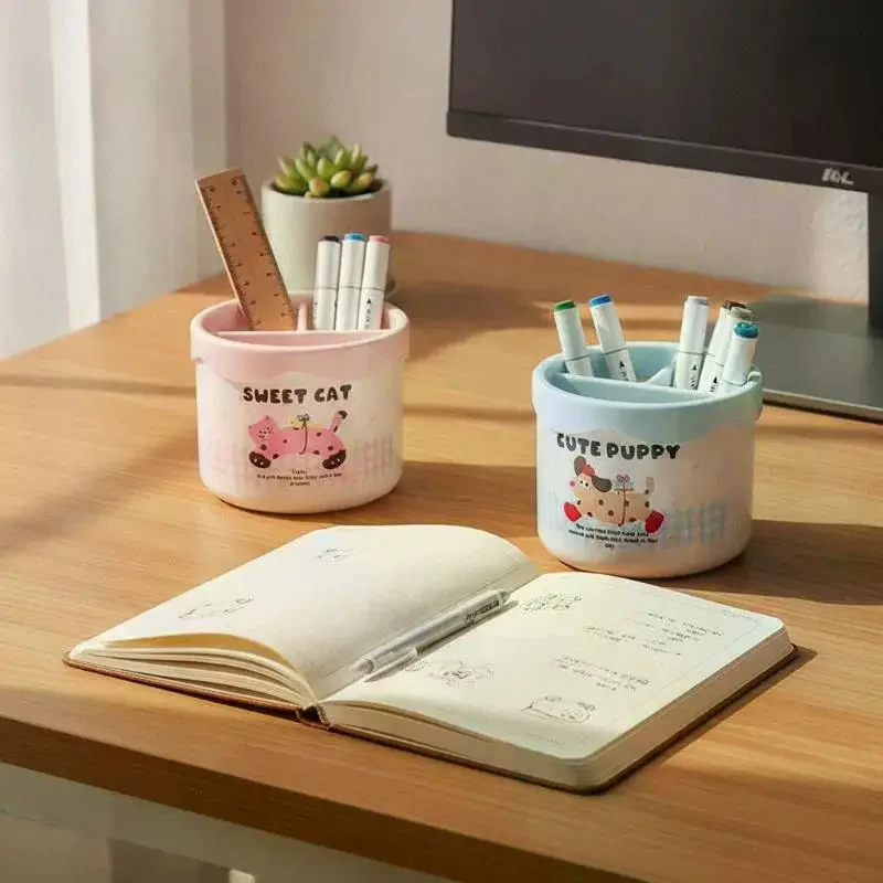 Cute Cartoon Makeup Brush Holder Divided Desktop Storage Organizer For Lipstick Cosmetic Pen Stationery Organizing