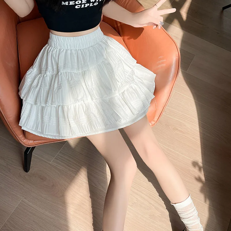 White Irregular Ruffles A-line Skirts Women College Style High Waisted Puffy Cake Skirt Girl Korean Fashion Pleated Mini Skirts