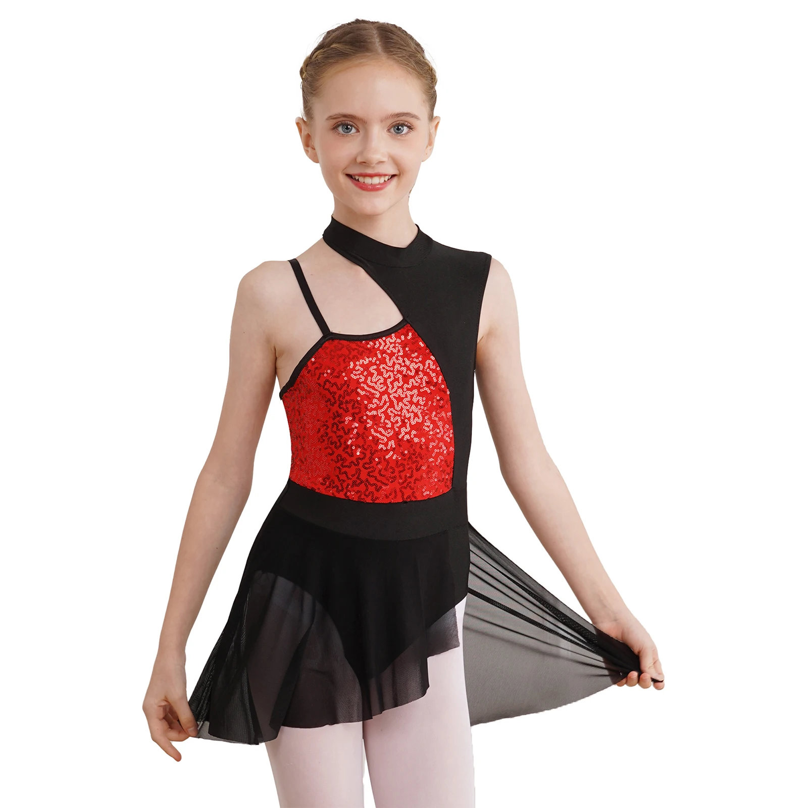 Kids Girls Ballet Leotard Dance Dress Lyrical Dance Costume Off Shoulder Shiny Sequins Jazz Jersey Dress Ballerina Tutu Dress