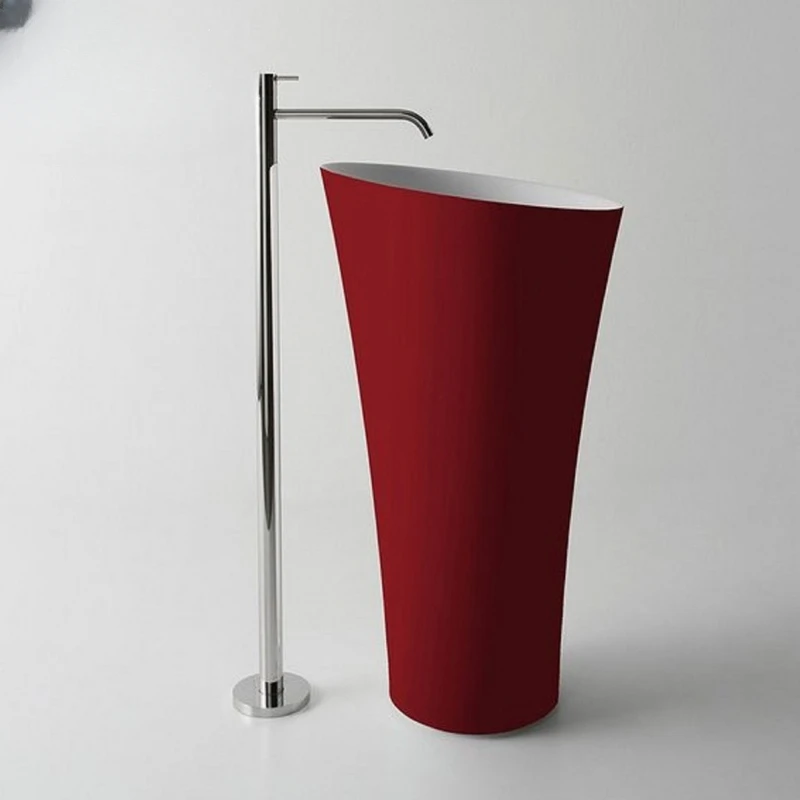 Customized red floor standing wash basin with integrated column style outdoor sink, balcony, courtyard, outdoor household sink