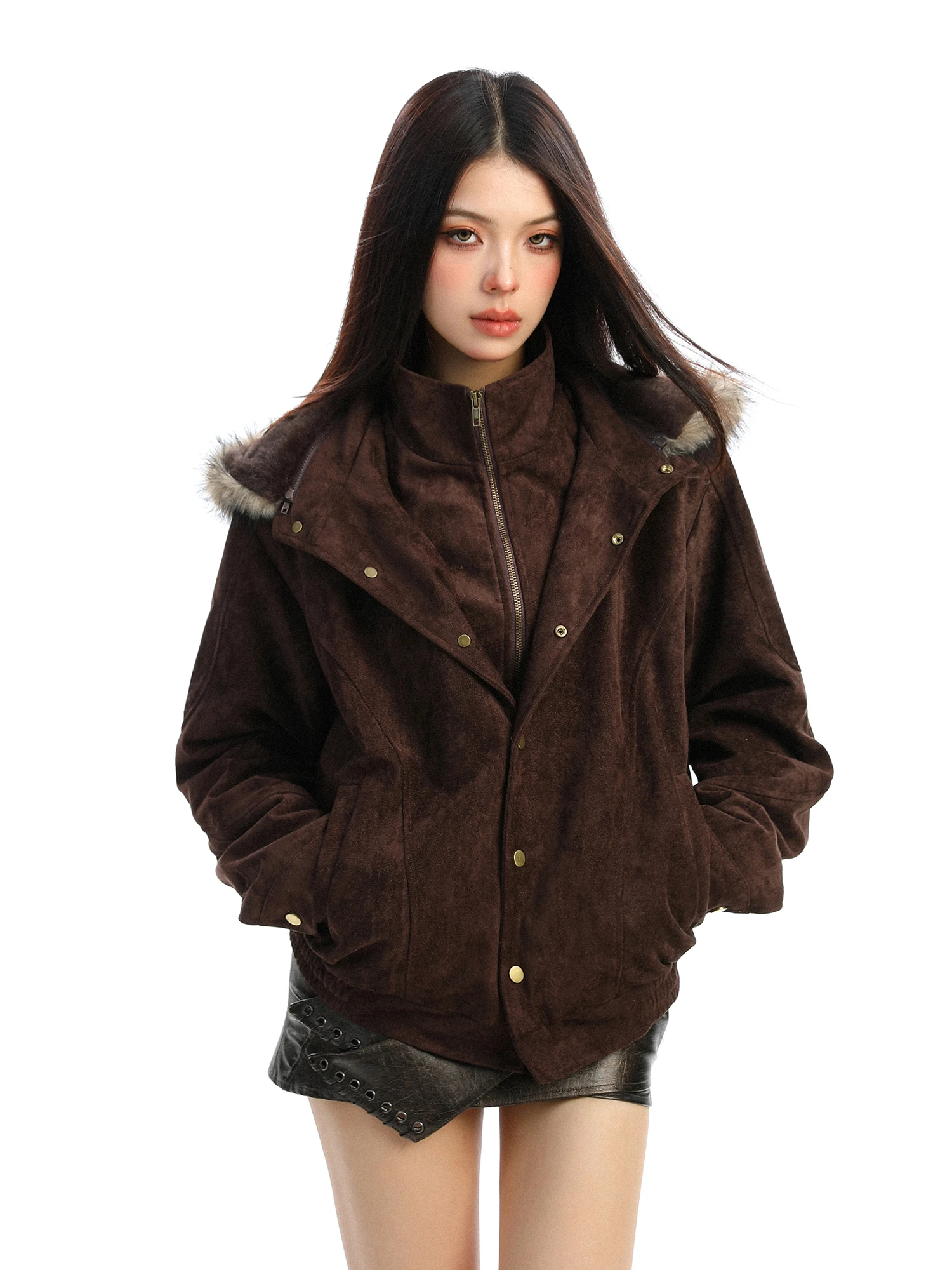 

Теплая замшевая куртка-обманка из искусственной кожи с капюшоном, женское зимнее свободное пальто, бренд Biggold Meralad, однотонное, для повседневной носки