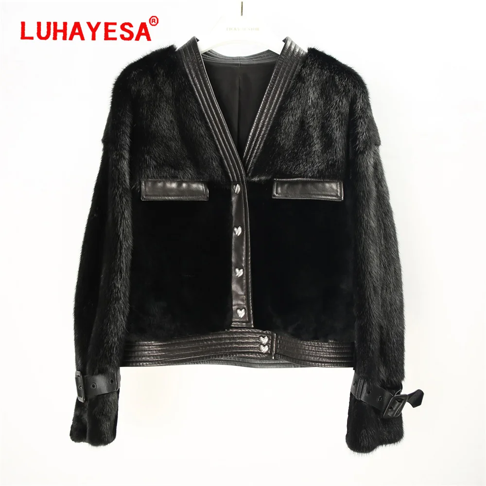 

2023 Elegent Women Black Female Mink Fur Real Sheepskin Fur Shearling Coat V Neck