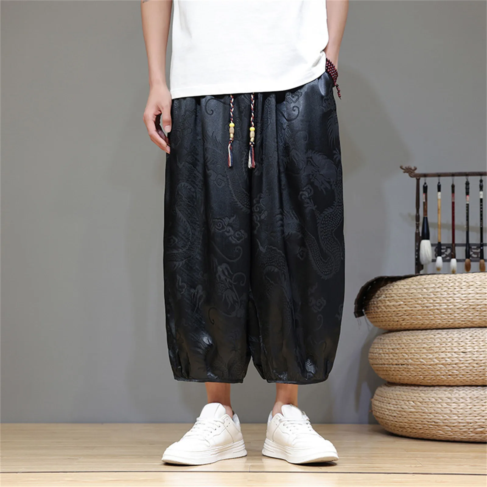 Men'S Harlem Capri Pants Lightweight Loose Seven Pants Drawstring Elastic Waist Casual Beach Yoga Pants