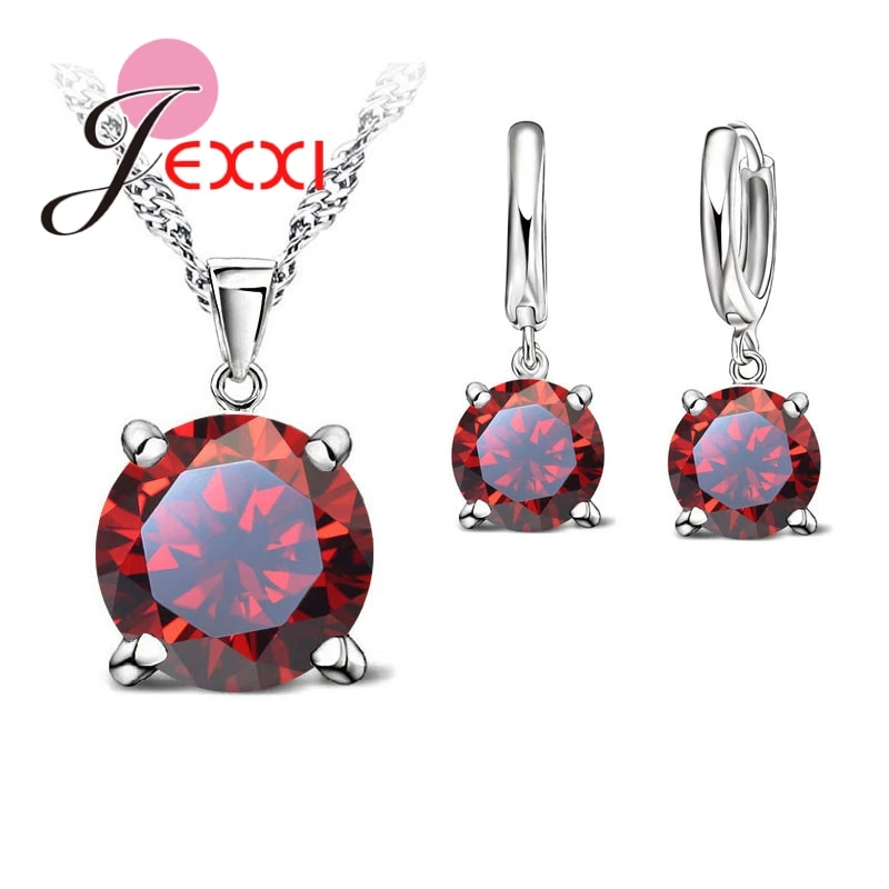 Solid 925 Sterling Silver Jewelry Sets 4 Claws Cubic Zirconia Pendant Necklace Earring Fashion Jewelry For Women SET