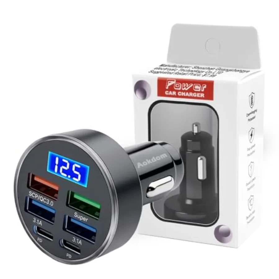 

6 Ports Fast Car Charger with Voltage Monitor, Car Cigarette Lighter USB Charger PD+QC3.0 Compatible with iphone13/14/15 and Mo