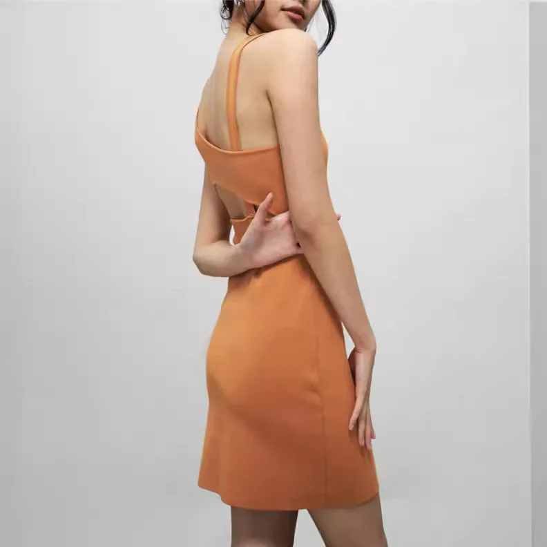 

6966 Summer 14-Needle French Style Brightening Square Neck Backless High Waist Inner Vest Camisole Short Dress