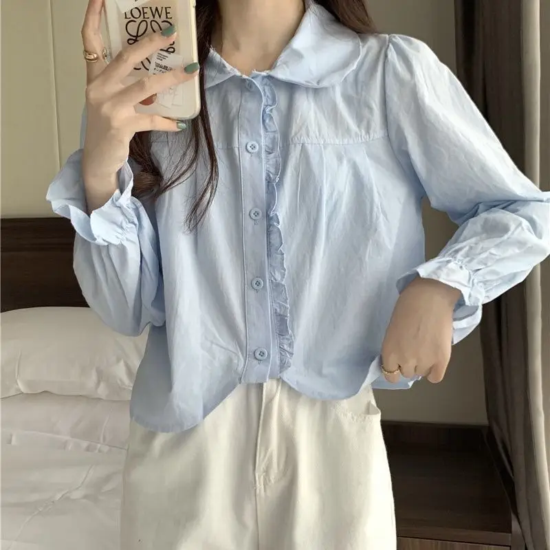 قمصان نسائية بأكمام طويلة من القطن بأزرار سفلية فضفاضة تناسب الياقات الفرنسية الأنثوية الأنيقة الرومانسية Preppy الشبابية اليومية