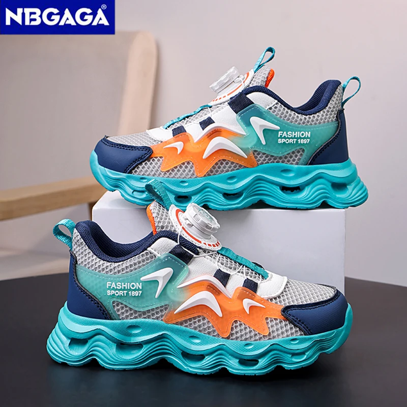 Trendy Kids Rotary Button Sneakers Spring Autumn Breathable Mesh Casual Shoes Boys Comfortable Non‑Slip Running Sports Shoes