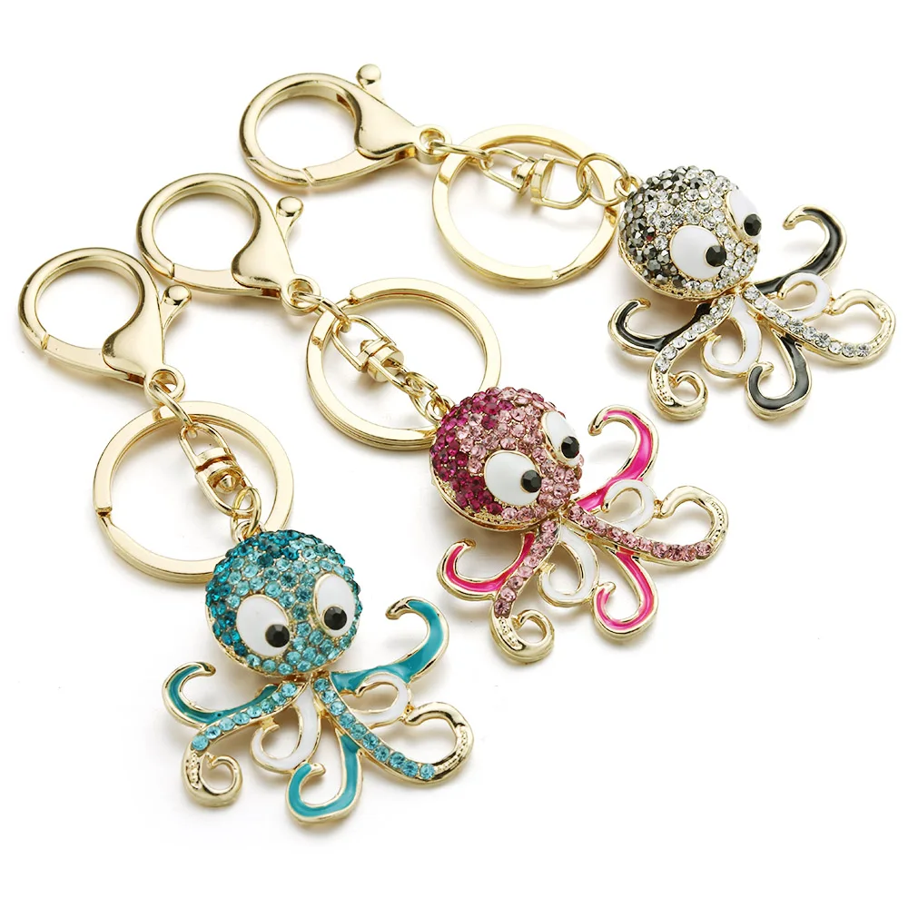 Dalaful Cute Octopus Keychain Keyring Crystal Ocean Animal Purse Handbag Bags Pendant Key Chain Ring Holder For Car Women K377