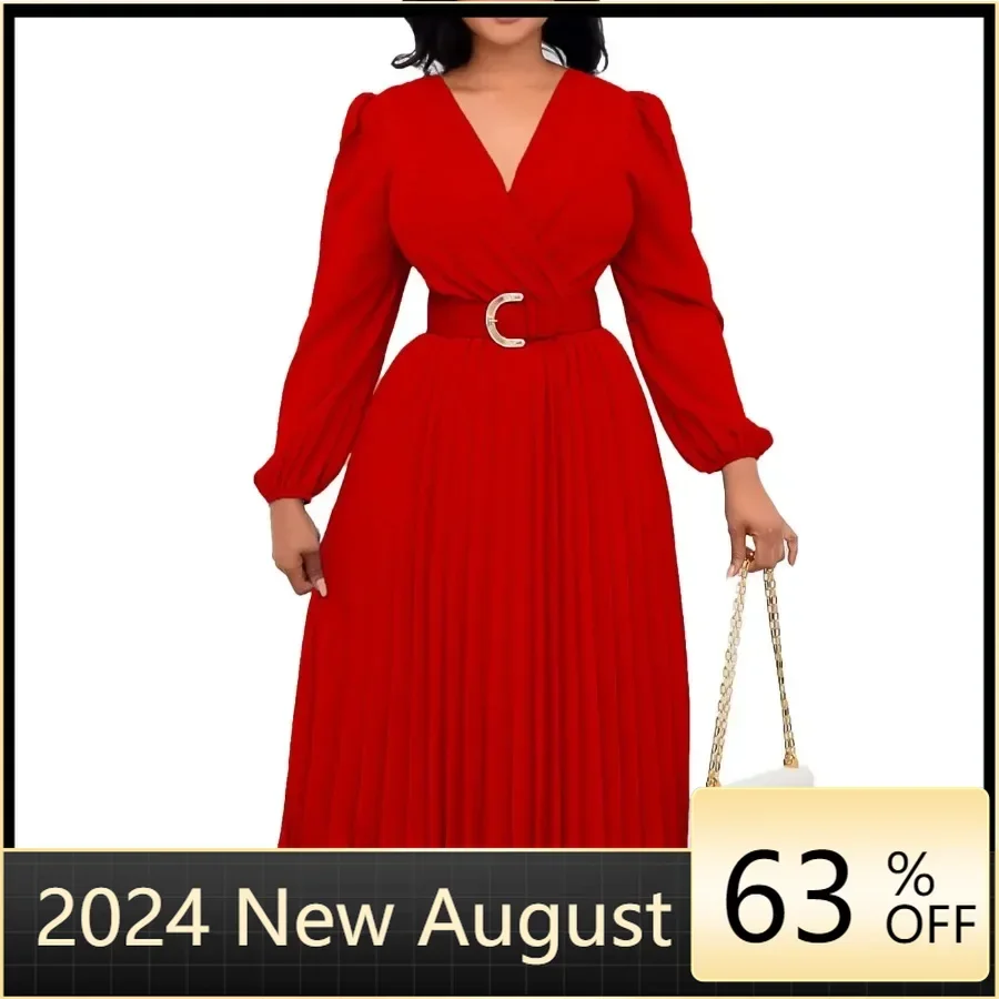 

African Dresses for Women Elegant Autumn Africa Long Sleeve V-neck Polyester White Yellow Red Blue Pleated Dress African Clothes