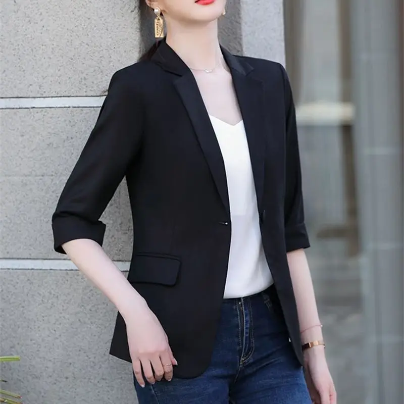 

Women's Suit Coat 2025 New Korean Style Fashion Slim Three Quarter Sleeved Blazers Casual Office Lady Jacket Black White